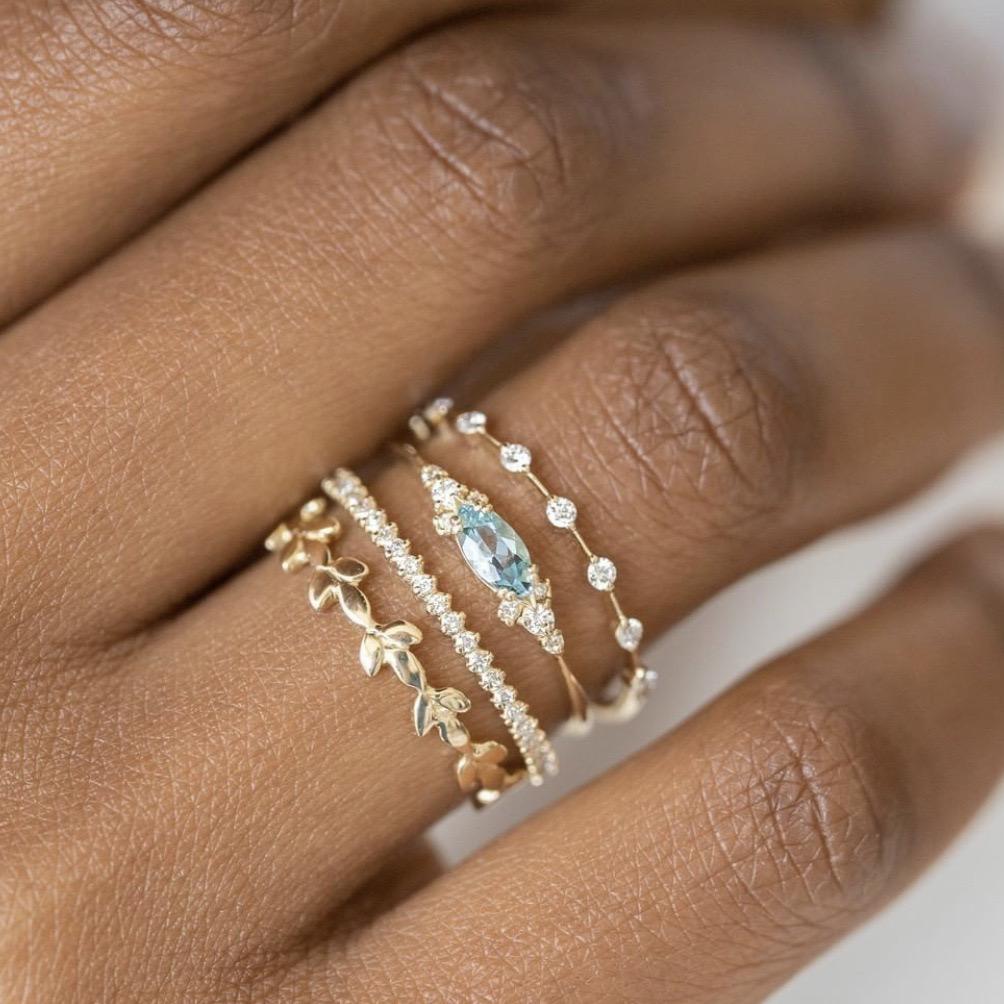 Aqua Leaf Stack Ring Set