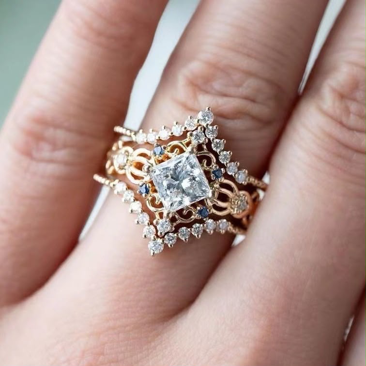 Royal Bloom Bridal Ring Set - worn on finger
