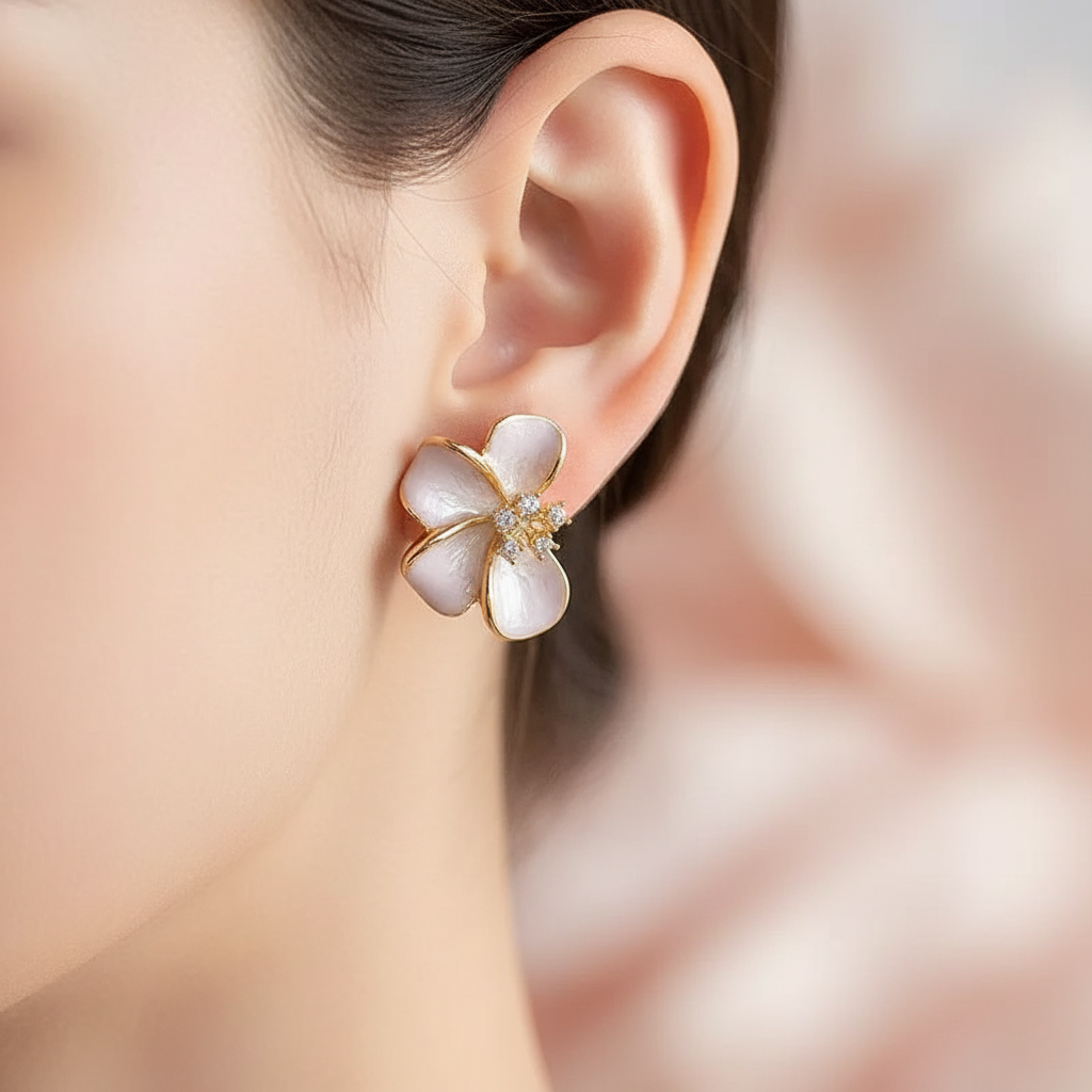 Blossom Petal Stud Earrings worn on model's ear