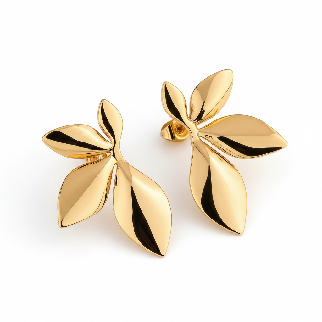 Gold Petal Flower Stud Earrings - white background