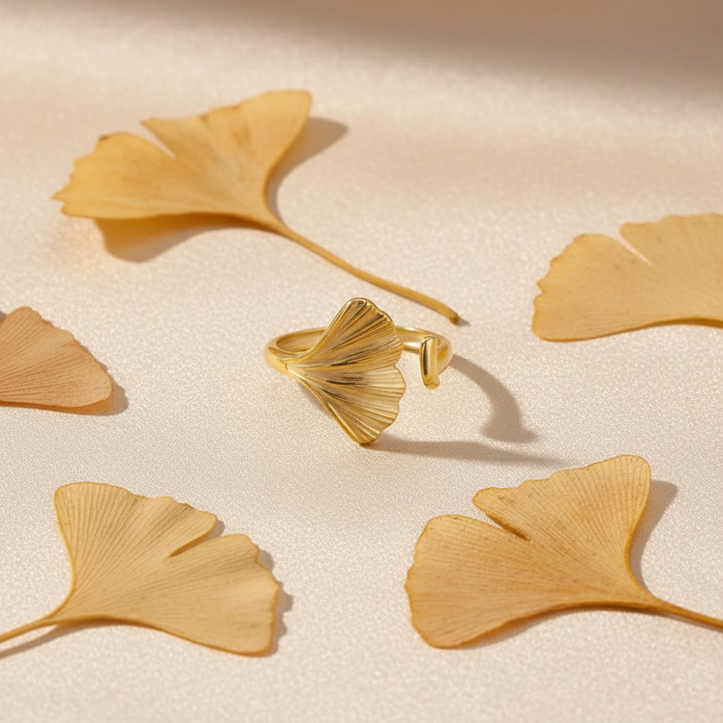 Ginkgo Leaf Ring – silk and ginkgo leaves flat lay