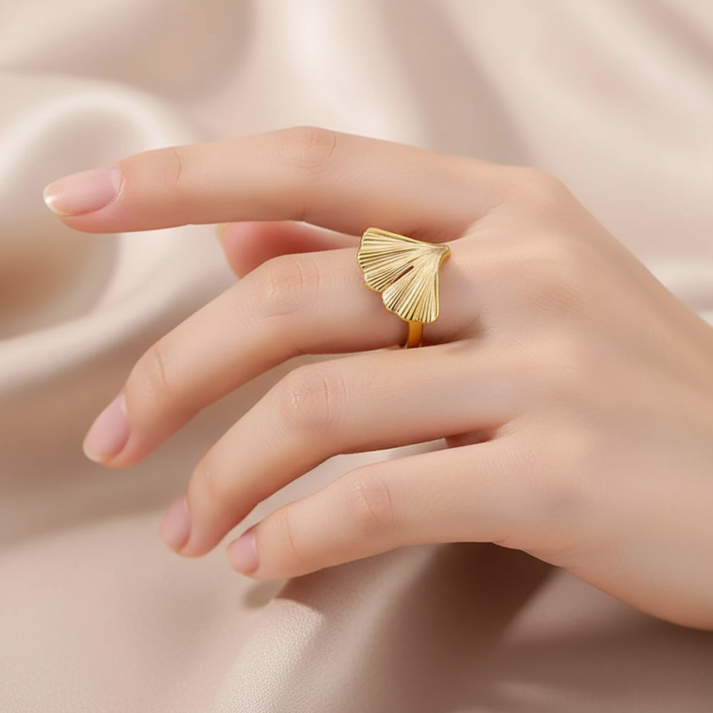 Ginkgo Leaf Ring – worn on model's hand