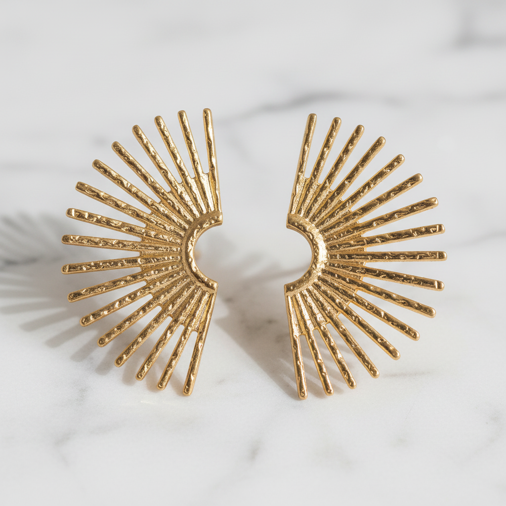 Gold Sunburst Half Sun Stud Earrings - macro detail