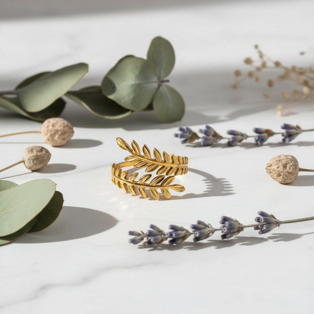 Golden Laurel Wrap Ring - botanical styled