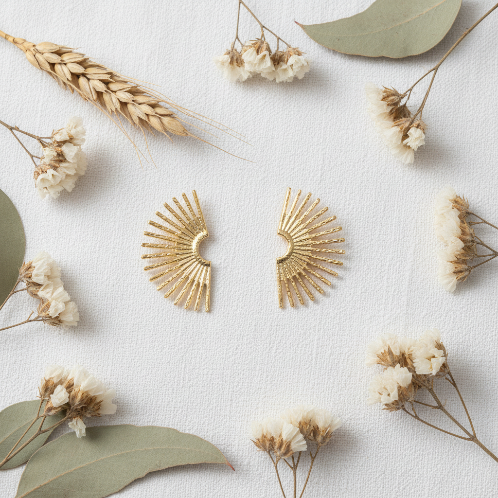 Gold Sunburst Half Sun Stud Earrings - flat lay editorial