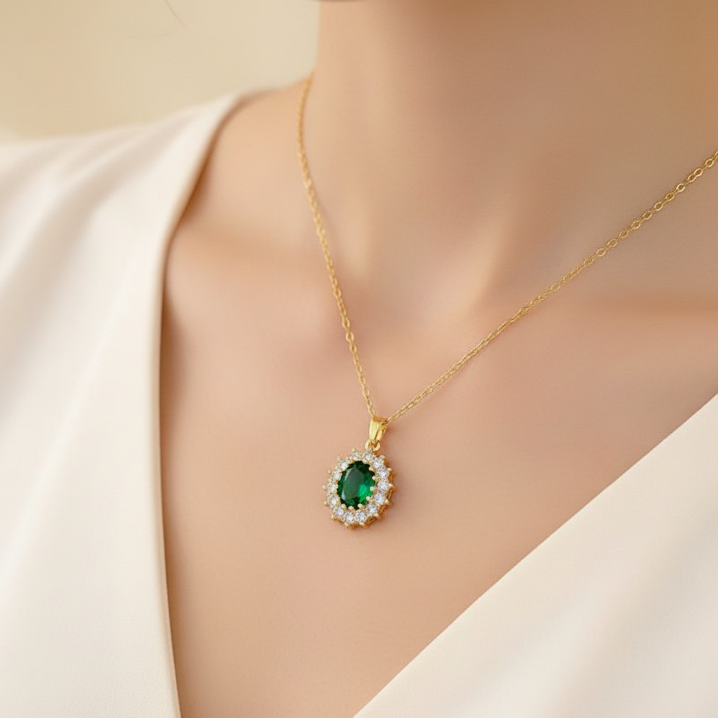 Emerald Halo Pendant Necklace – worn on model's neck