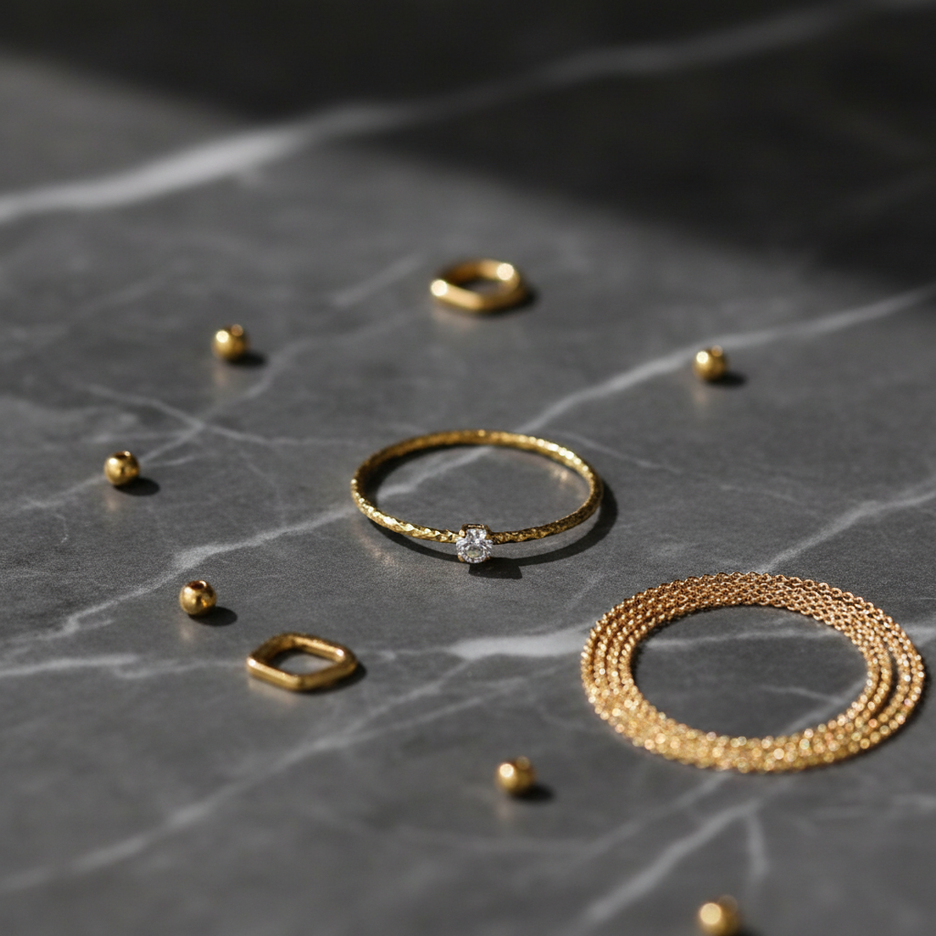 Dainty Gold Solitaire Crystal Ring flat lay on dark marble