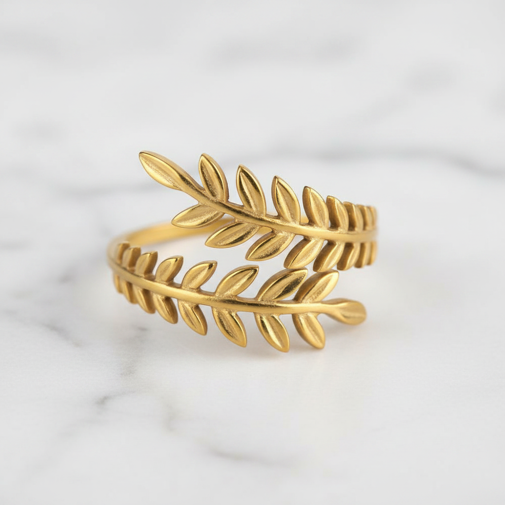 Gold Olive Leaf Wrap Ring - close-up detail