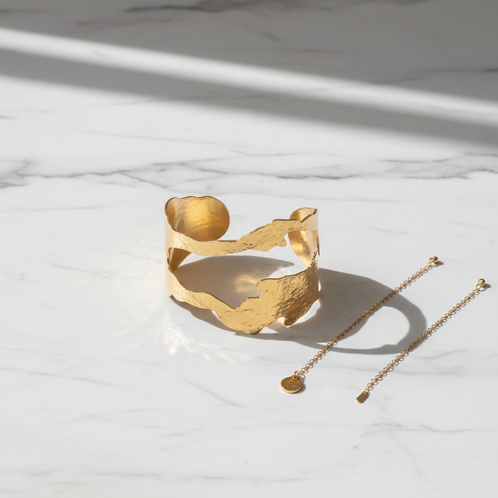 Molten Gold Cuff Bracelet – marble flat lay