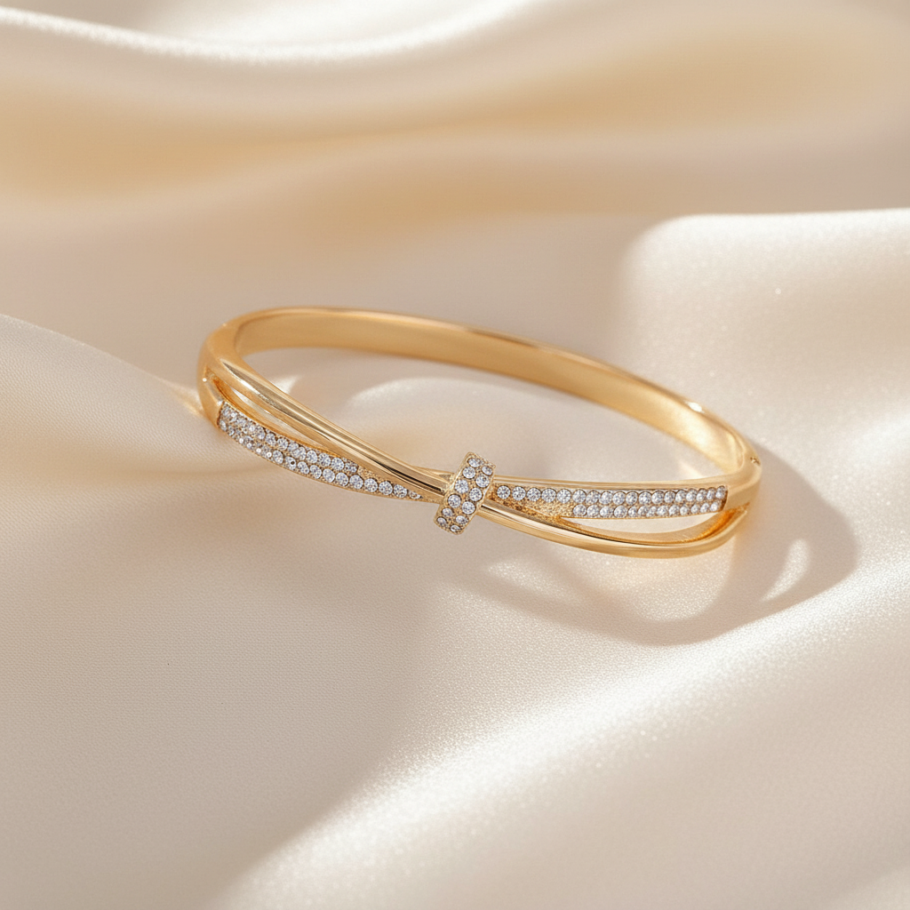 Crystal Crossover Bangle – silk flat lay