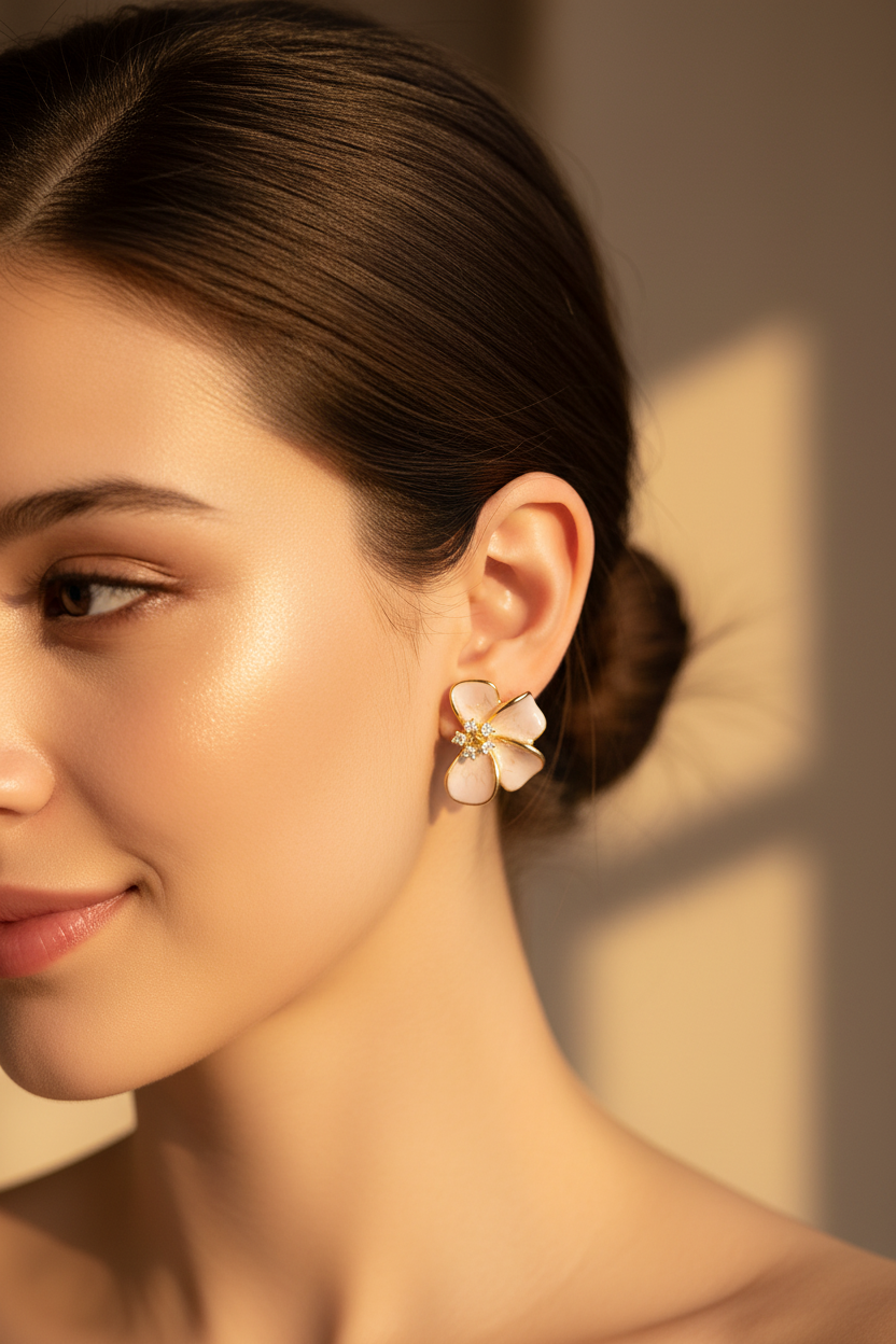 Blush flower earrings worn on ear lifestyle shot