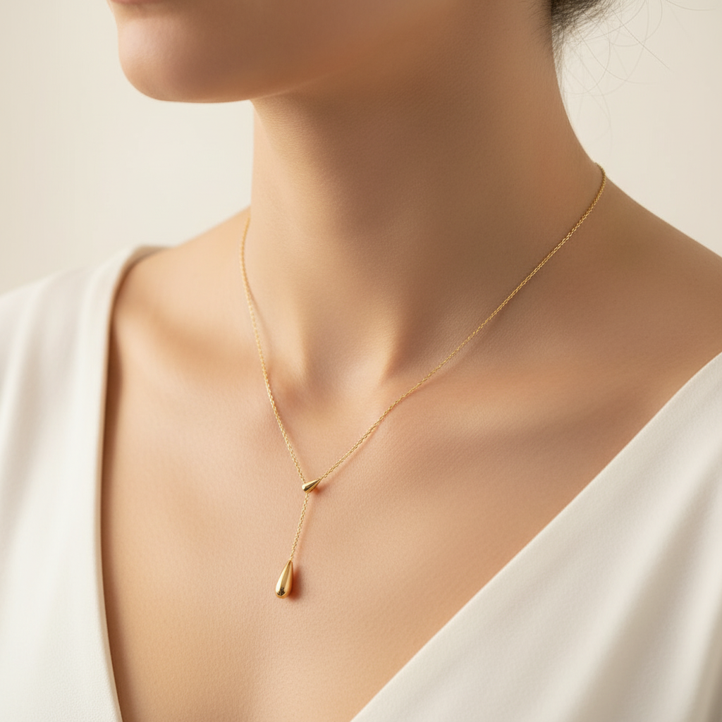 Golden Drop Lariat Necklace – worn on model's neck