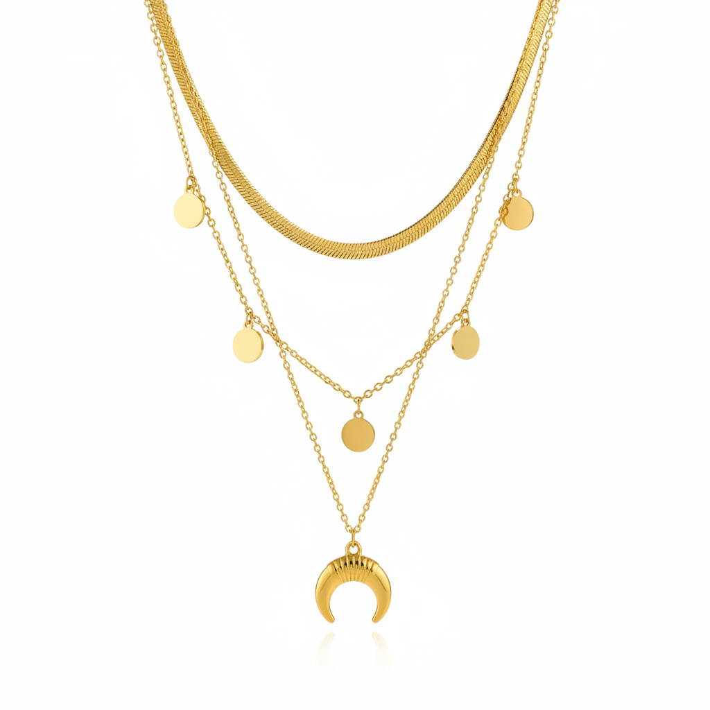 Triple Layer Moon & Coin Gold Necklace - white background