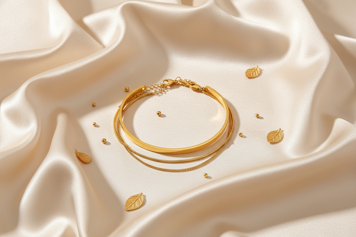 Gold bracelet set on cream silk fabric editorial