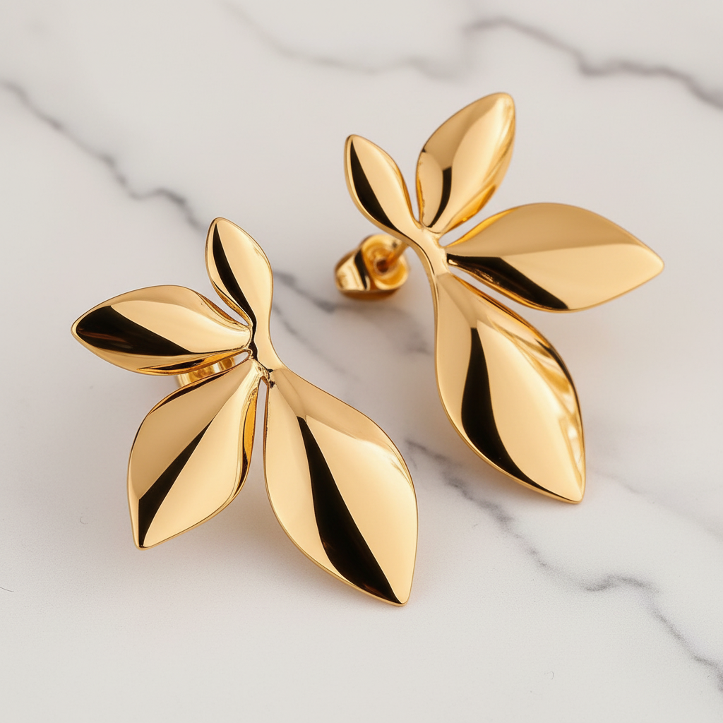 Gold Petal Flower Stud Earrings - macro detail