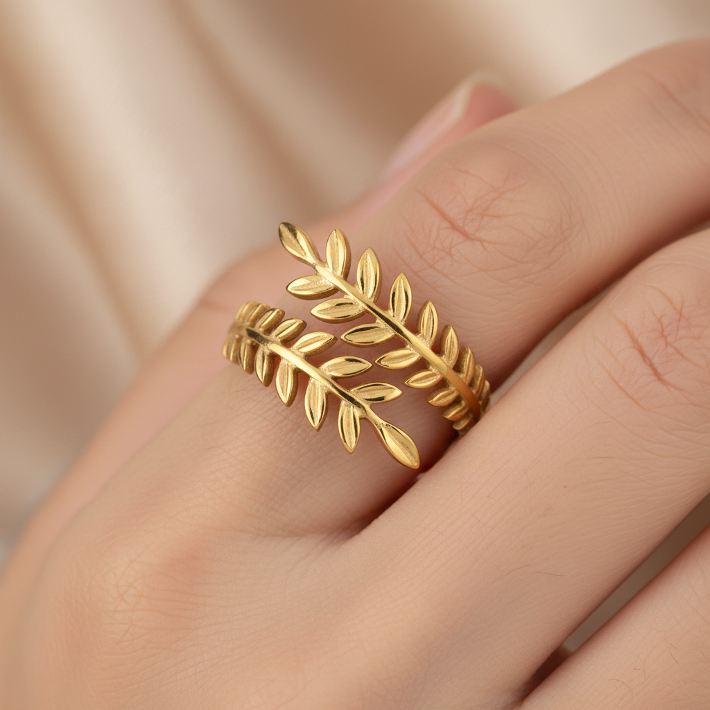 Golden Laurel Wrap Ring - on finger