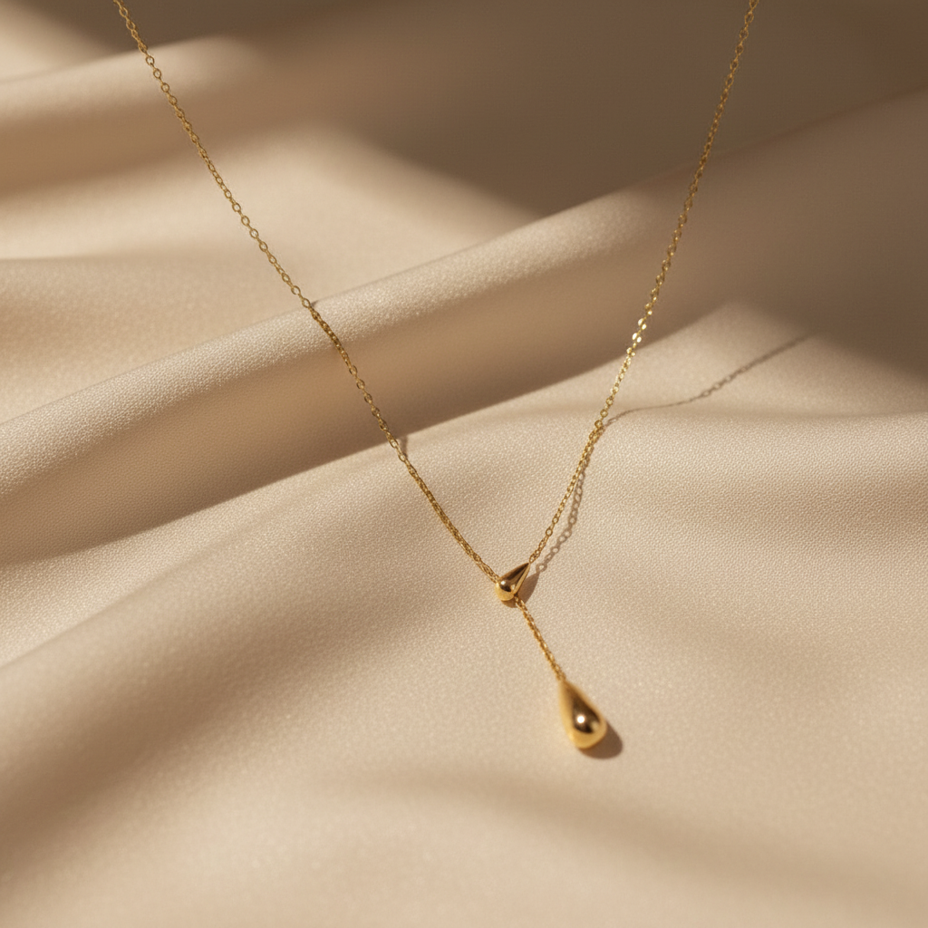 Golden Drop Lariat Necklace – silk flat lay