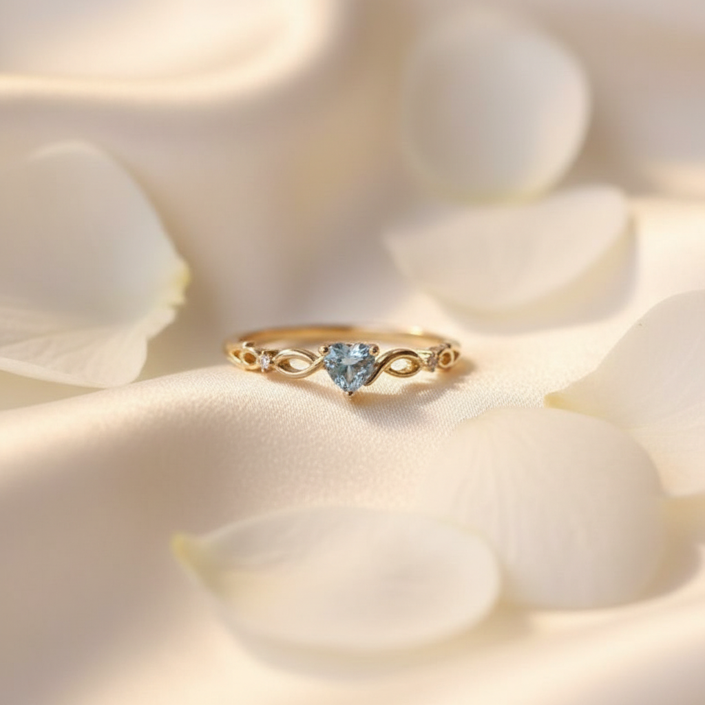 Aqua Heart Infinity Ring – silk and petals flat lay