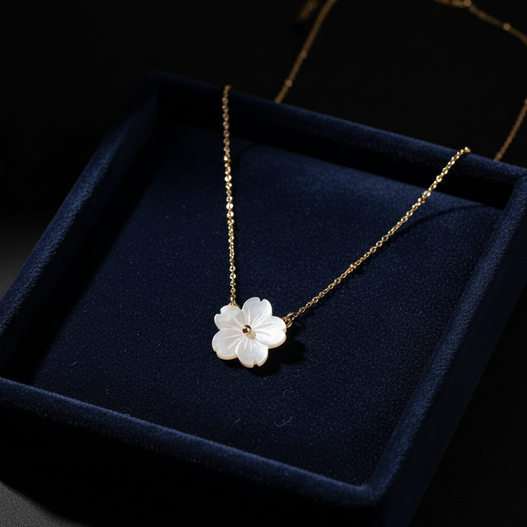 Mother of pearl flower necklace on dark velvet tray