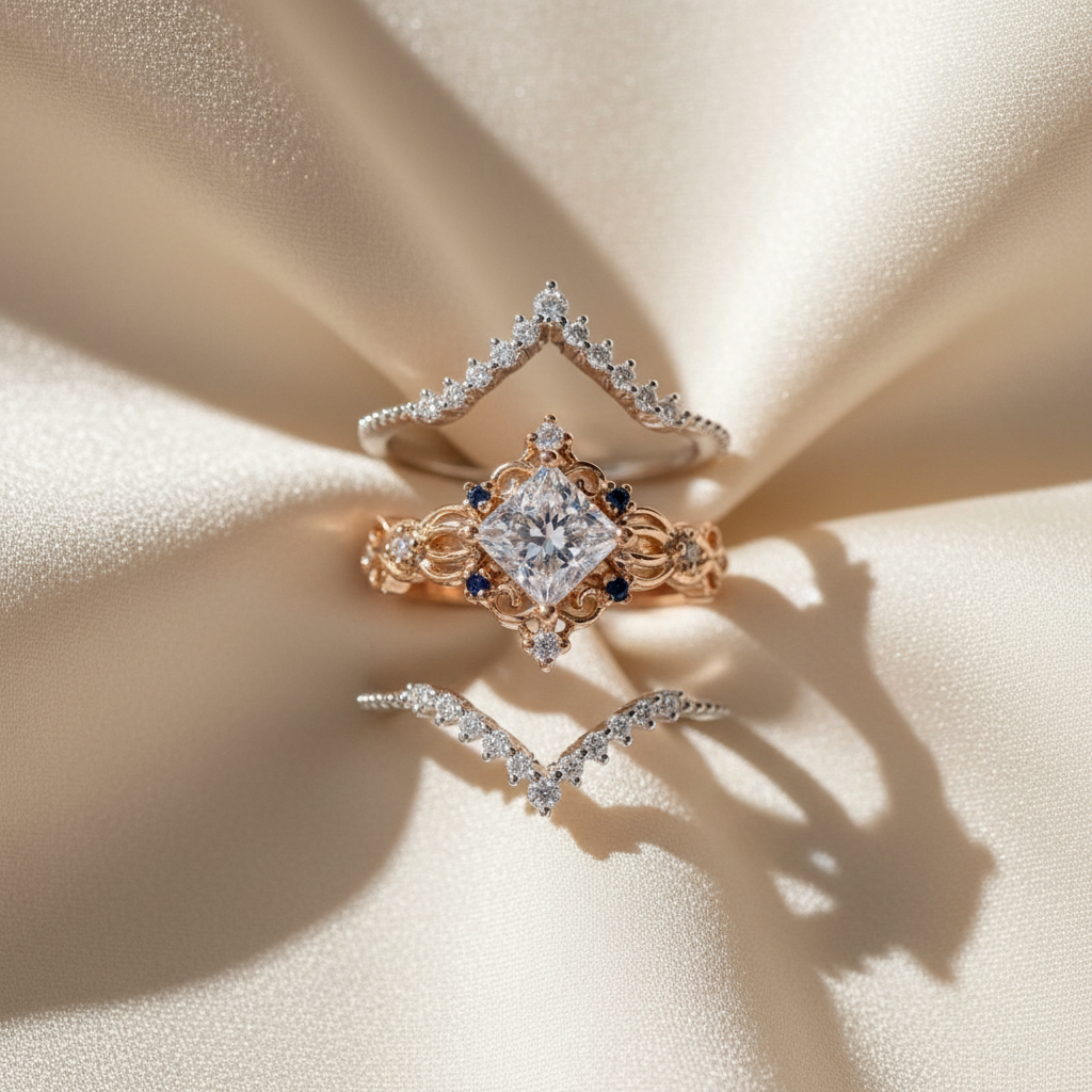 Royal Bloom Bridal Ring Set - ivory silk flat lay