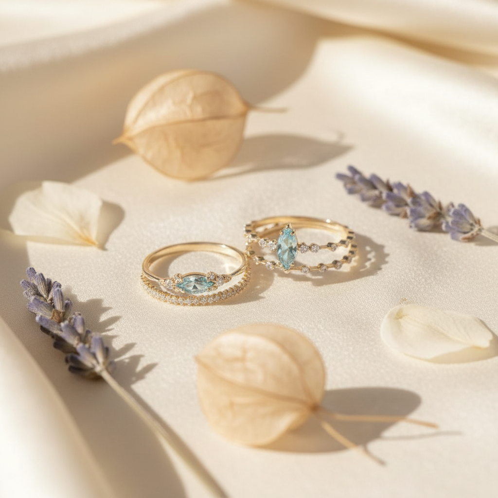 Aqua Leaf Stack Ring Set – silk and botanicals flat lay