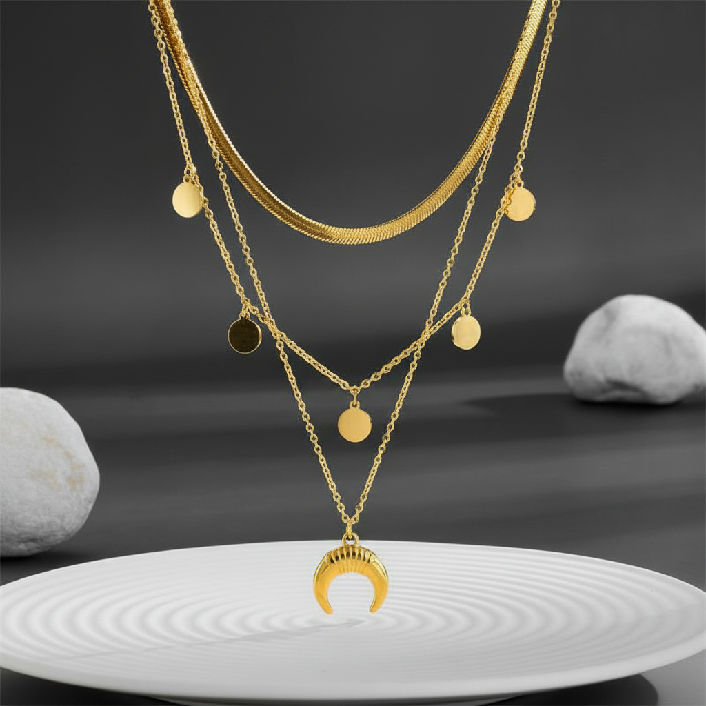 Luna Triple Layer Necklace - dark editorial studio shot