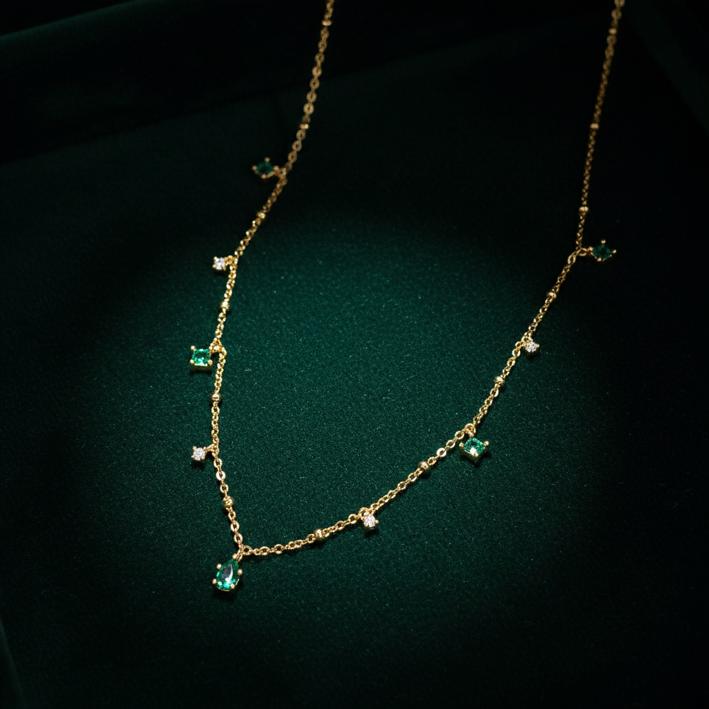Emerald Constellation Charm Necklace on dark green velvet