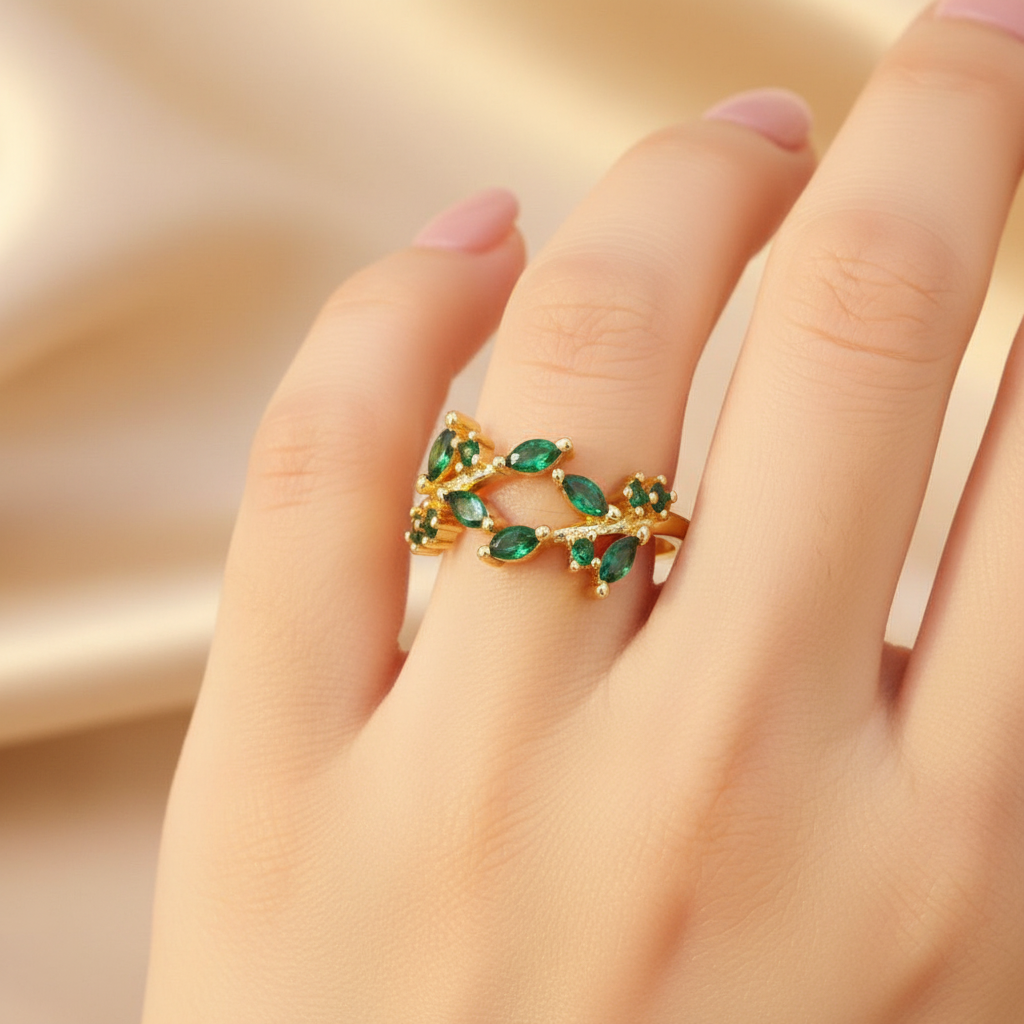 Emerald Vine Open Ring - on finger