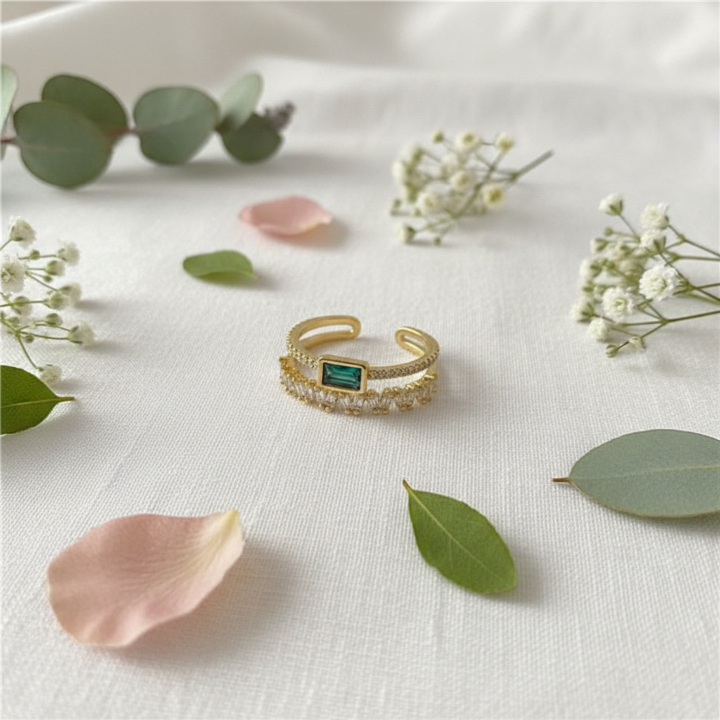Emerald Crystal Double Band Ring - flat lay editorial