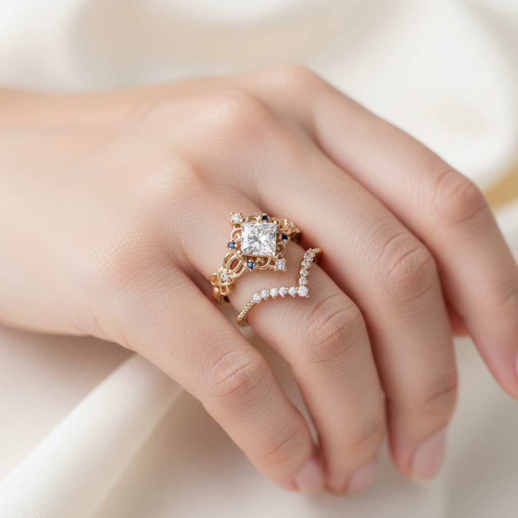Vintage Crown Ring Set – worn on model's hand