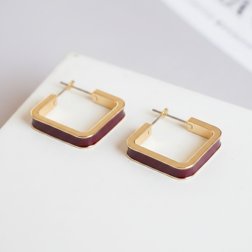 Burgundy Enamel Gold Geometric Stud Earrings detail shot