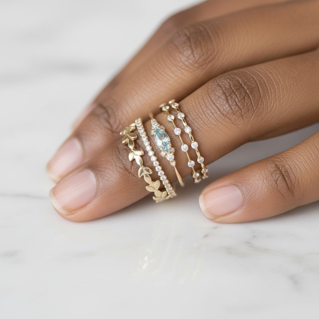 Aqua Leaf Stack Ring Set – marble editorial shot
