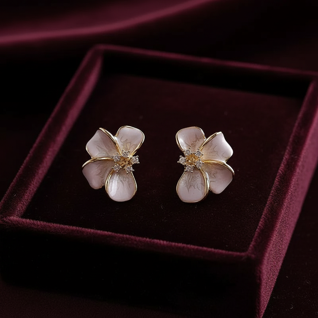 Blush flower earrings on dark velvet tray moody lighting