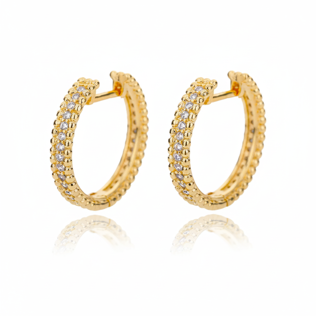 Gold Pavé Crystal Hoop Earrings on white background