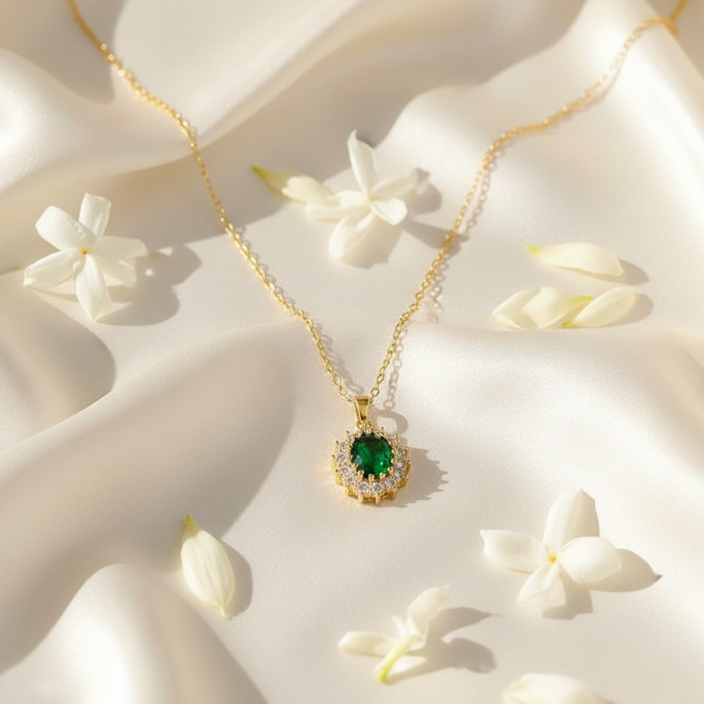 Emerald Halo Pendant Necklace – silk and petals flat lay