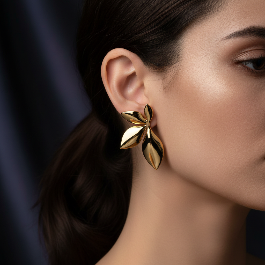 Gold Petal Flower Stud Earrings - on ear lifestyle