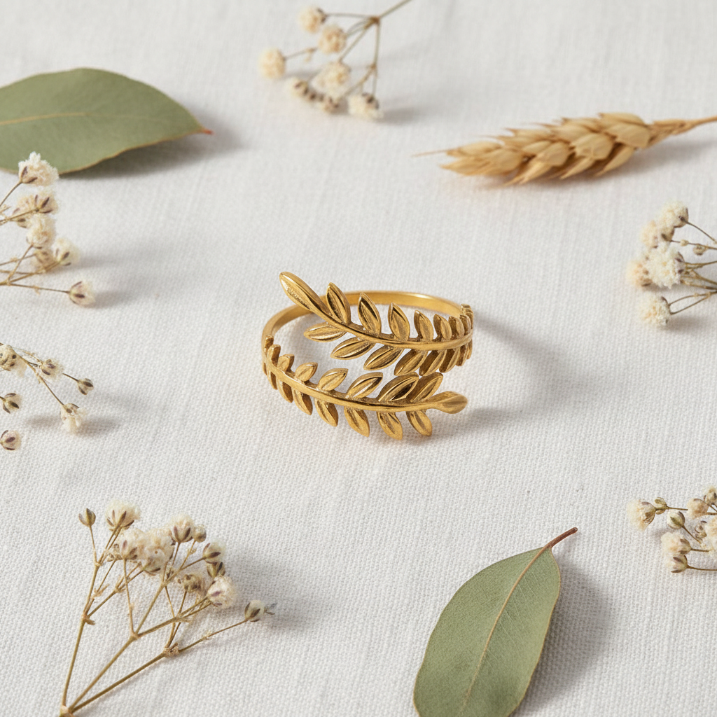 Gold Olive Leaf Wrap Ring - flat lay