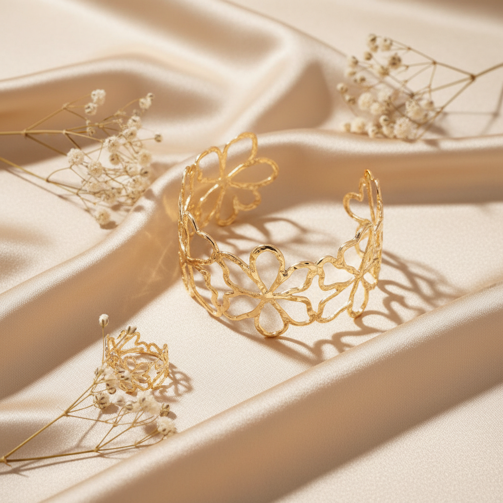 Bloom Cuff & Ring Set – silk and florals flat lay