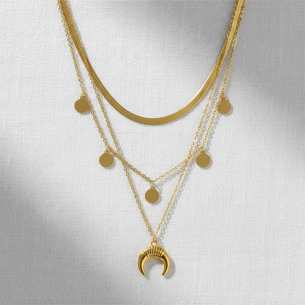 Triple Layer Moon & Coin Gold Necklace - flat lay