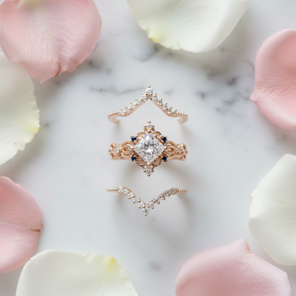 Royal Bloom Bridal Ring Set - marble rose petal styled
