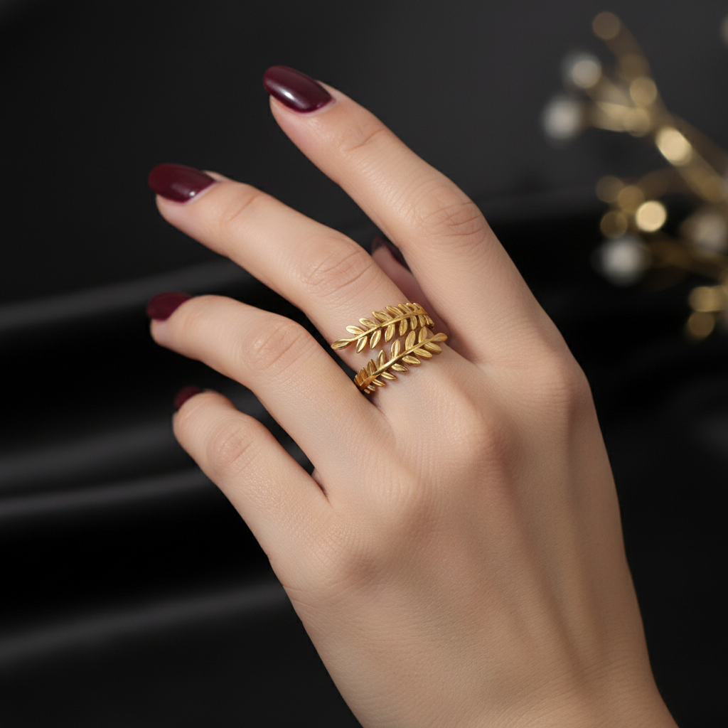 Gold Olive Leaf Wrap Ring - on hand lifestyle