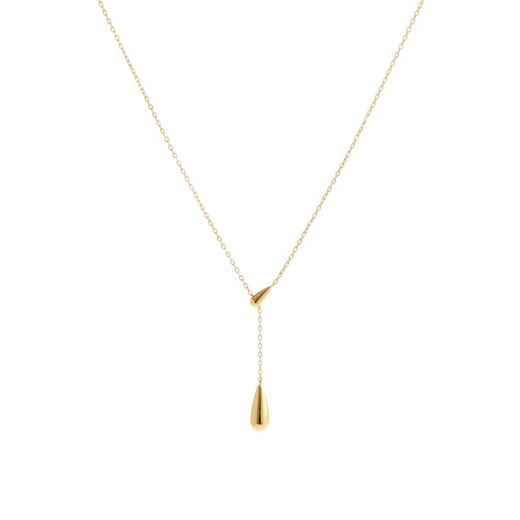 Golden Drop Lariat Necklace – white background product shot