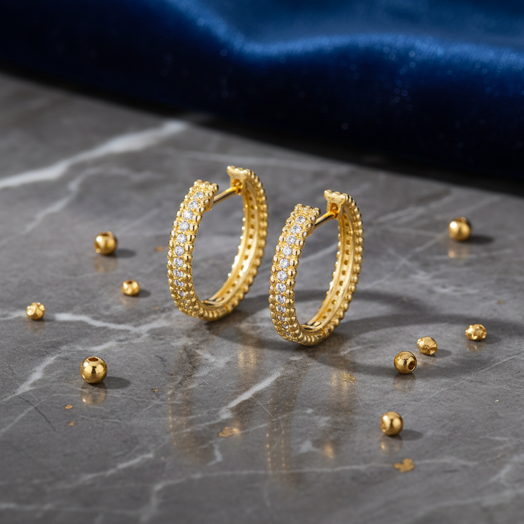 Gold Pavé Crystal Hoop Earrings flat lay on dark marble