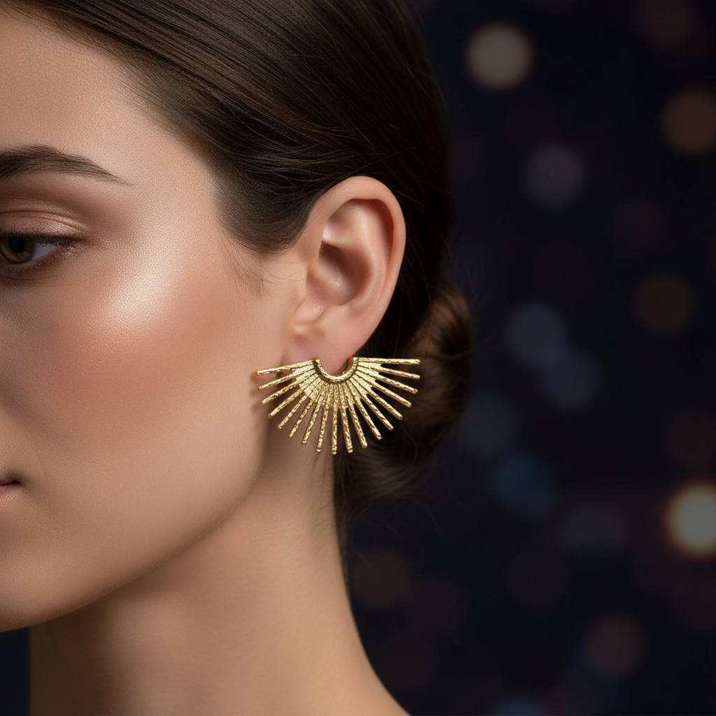 Gold Sunburst Half Sun Stud Earrings - on ear lifestyle
