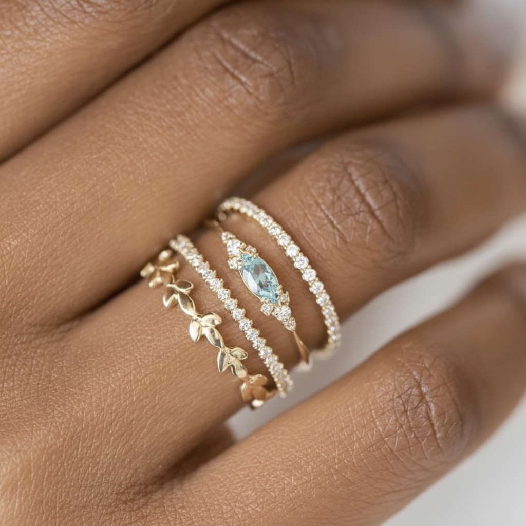 Aqua Leaf Stack Ring Set – white background product shot