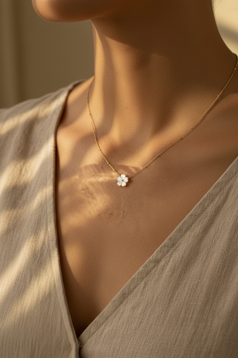 Mother of pearl flower necklace worn lifestyle shot