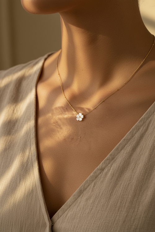 Mother of pearl flower necklace worn lifestyle shot