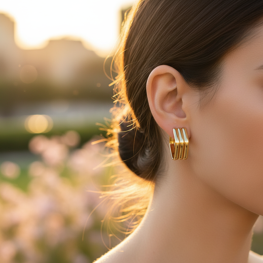 Luxe Ridge Gold Stud Earrings worn on ear