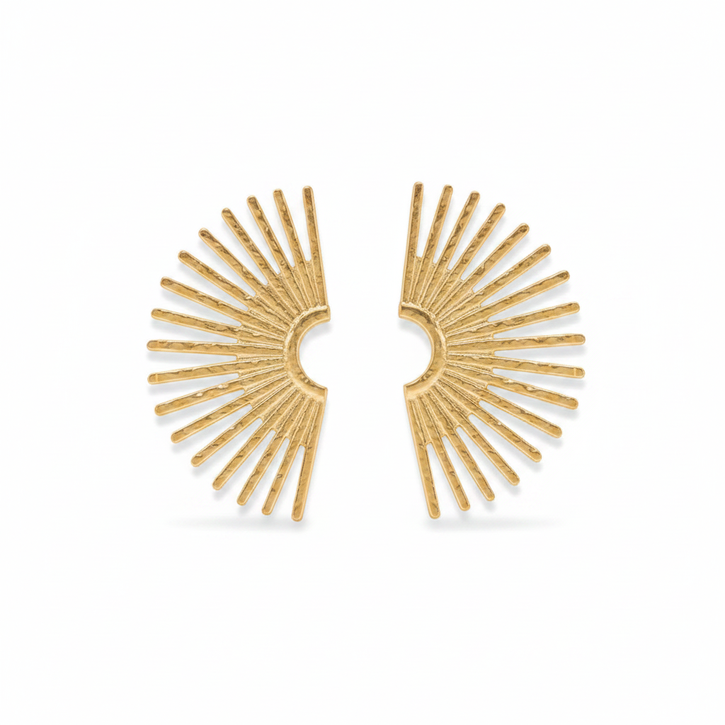 Gold Sunburst Half Sun Stud Earrings - white background