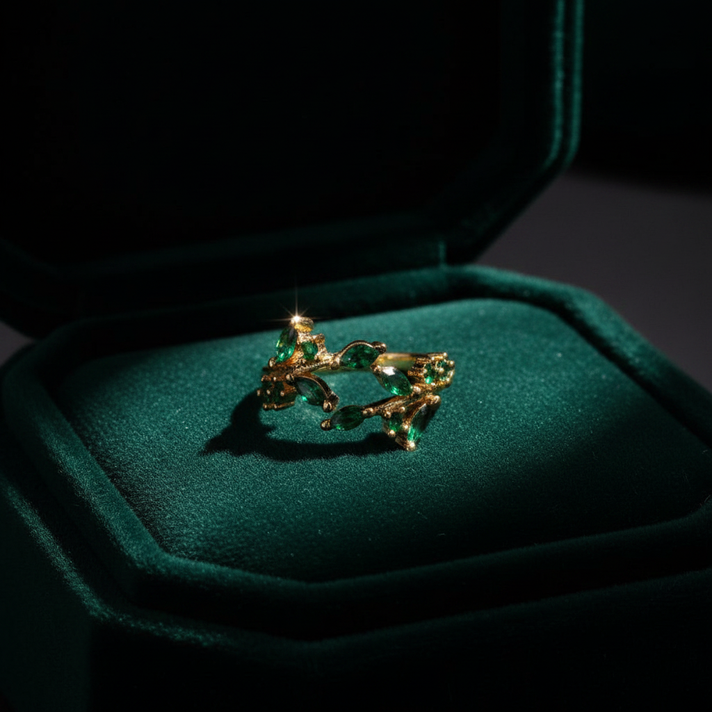 Emerald leaf ring on dark velvet tray moody lighting